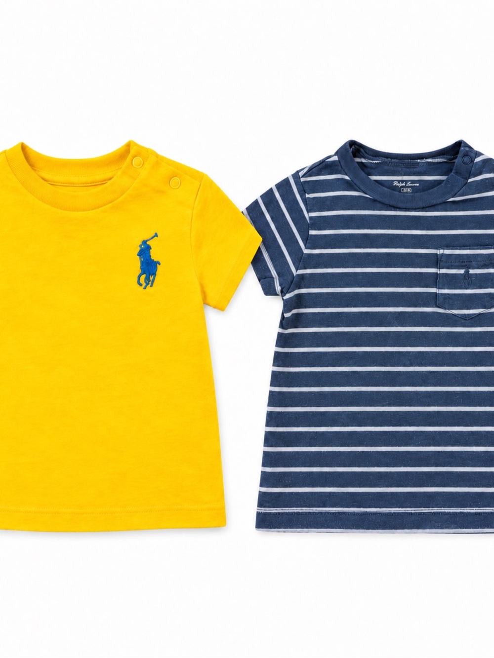 Ralph Lauren Baby Boy 9M Tee Bundle – Yellow Polo Pony + Navy Stripe Pocket
